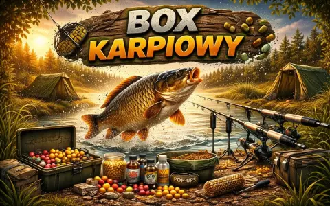 Wielki karp wyskakuje z wody obok otwartego boxu wędkarskiego pełnego przynęt. W tle namioty i wędki.