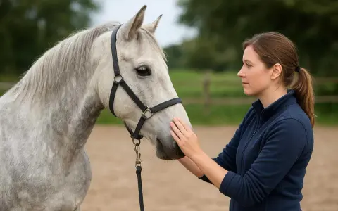Une femme caresse un poney Connemara gris clair, un lien de confiance se crée entre eux.