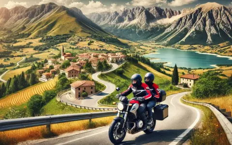 Coppia in moto esplora pittoreschi borghi italiani, serpeggiando tra montagne maestose e un lago cristallino.
