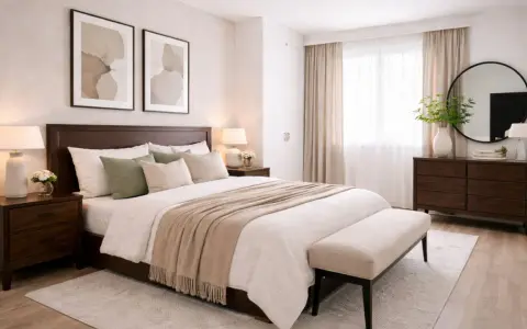 Dormitorio con muebles oscuros. Las paredes, pintadas en un tono crema suave, complementan la calidez de la madera.