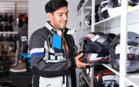 Uomo in negozio di moto esamina un casco, cercando la taglia XS. Corrisponde a una misura piccola, ideale per teste più minute.