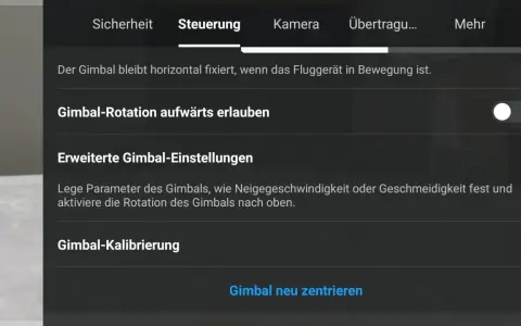 Einstellungen der dji gimbal app: Gimbal-Rotation, erweiterte Einstellungen und Kalibrierung.