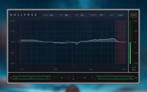 Gullfoss VST: wykres korektora audio z ustawieniami Recover, Tame, Bias i Brighten.