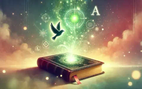 Magiczna księga otwiera się w noc i ciemność, uwalniając ptaka i świetliste symbole.