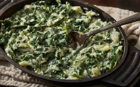Cremosas espinacas a la crema servidas en una sartén de hierro fundido, con una cuchara lista para servir.