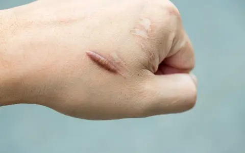Mano con cicatrice cheloide evidente, un esempio di cheloide prima e dopo il trattamento.