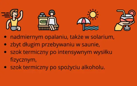 Ikony ilustrują przyczyny szoku termicznego: opalanie, sauna, wysiłek fizyczny, alkohol.