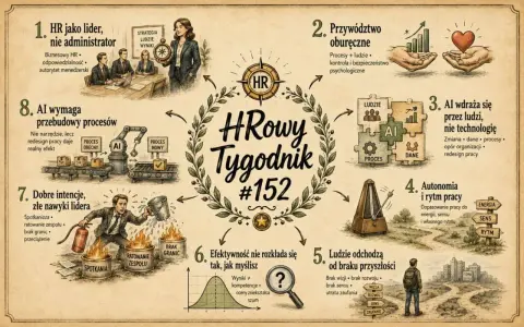 HR-owy Tygodnik #152: HR jako lider, przywództwo oburęczne, AI wdraża się przez ludzi, autonomia i rytm pracy, ludzie odchodzą od braku przyszłości, efektywność, dobre intencje, AI wymaga przebudowy procesów. Dziś warto o tym pomyśleć.