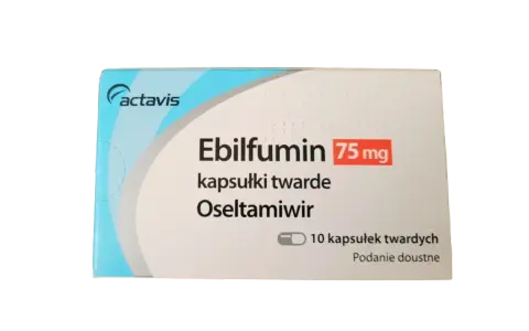 Opakowanie leku Ebilfumin 75 mg, zawierającego oseltamiwir dla dzieci. 10 kapsułek twardych.