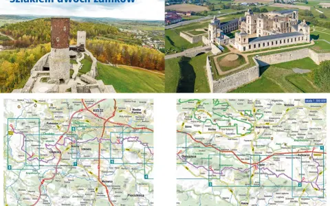 Mapa z zaznaczonymi zabytkami i szlakami, w tym główny szlak świętokrzyski, prowadzącym przez malownicze tereny z zamkami i krajobrazami.