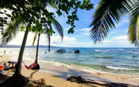 Sonniger Strand in Puerto Viejo mit Palmen, Hängematte und Menschen im türkisfarbenen Meer.