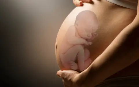 Pancia di donna incinta con immagine sovrapposta di un feto in posizione podalica, con le gambe rivolte verso il basso.
