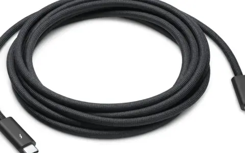 Czarny, pleciony kabel Thunderbolt z wtyczkami USB-C. Szybki transfer danych i zasilanie.