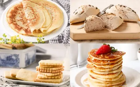 Collage de postres sin gluten: crepes, panecillos, galletas y tortitas con fresa.