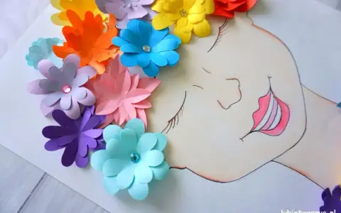 Kolorowy portret wiosny z papierowych kwiatów zdobi głowę rysunkowej dziewczyny.