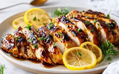 Skivad kycklingfilé med glansig marinad, garnerad med citronskivor och persilja. Perfekt för en god marinad till kycklingfile.