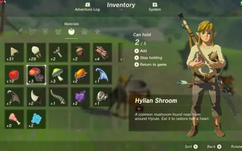 Link revisa su inventario en busca de ingredientes para recetas de Zelda: Breath of the Wild, destacando champiñones Hylian.