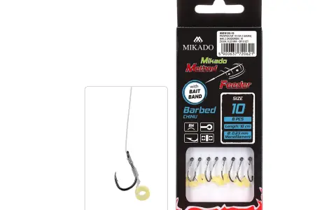 Zestaw haczyków z gumkami do przynęt Mikado Method Feeder. Rozmiar 10, 8 sztuk.