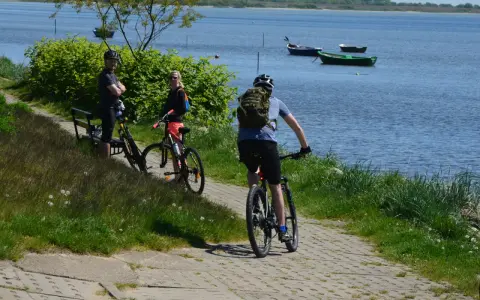 Trasa rowerowa Gdańsk Hel: trójka rowerzystów podziwia widok na zatokę, jeden z nich rusza dalej.