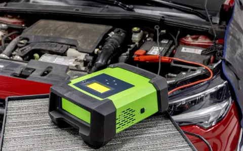 Carrozzeria rossa con cofano aperto, motore e batteria. Un caricabatterie verde è collegato alla batteria, suggerendo una batteria della macchina scarica.