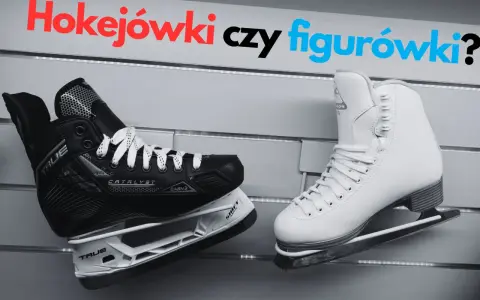 Hokejówki czy figurówki? Czarny but hokejowy i biały but łyżwiarski obok siebie.
