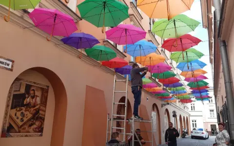 Kolorowe parasolki tworzą tęczowy dach nad uliczką w Tarnowie. Mężczyzna na drabinie dokańcza instalację.