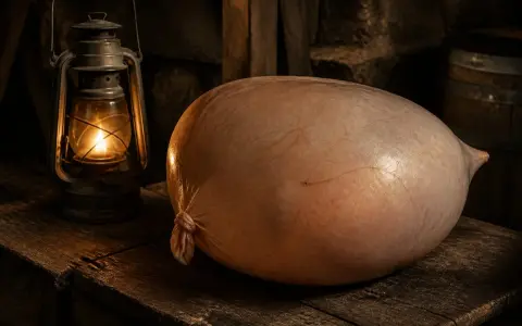 Une grosse saucisse, ressemblant à prendre des vessies pour des lanternes, repose sur une table en bois à côté d'une lanterne allumée.