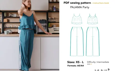 Patron gratuit combinaison pyjama pour une soirée détente. Le modèle comprend un haut à fines bretelles et un pantalon ample.