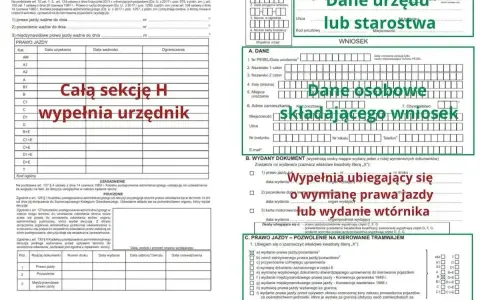 Formularz wniosku o wydanie prawa jazdy lub wtórnika. Sekcja H wypełniana przez urzędnika, dane osobowe składającego wniosek.