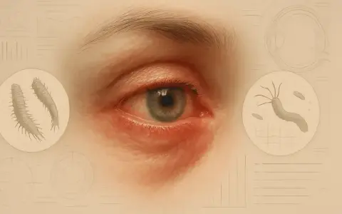 Œil rouge et irrité, avec des illustrations de parasites et de bactéries, suggérant une rosacée oculaire.