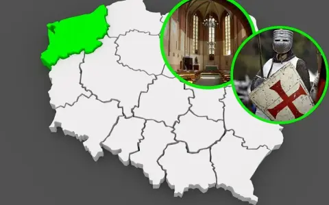 Mapa Polski z zaznaczonym Pomorzem Zachodnim, wnętrzem kościoła i rycerzem w zbroi. Odkryj zamki templariuszy w Polsce.