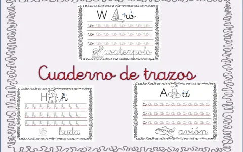 Cuaderno de trazos con grafismo infantil. Practica las letras W, H y A con dibujos de waterpolo, hipopótamo y abeja.