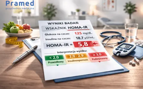 Wyniki badań wskazują na podwyższony wskaźnik HOMA-IR, co może oznaczać insulinooporność. Na stole leżą glukometr, leki i owoce.