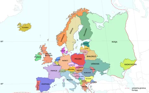 Mapa Europy. Polska w centrum, otoczona przez Niemcy, Czechy, Słowację, Ukrainę, Białoruś i Litwę. Belgia leży na zachód od Niemiec, blisko Francji i Holandii.