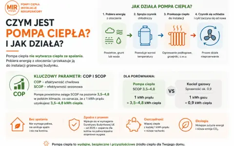 Pompy ciepła pobierają energię z otoczenia, by ogrzać dom. Efektywność COP i SCOP to kluczowe parametry.