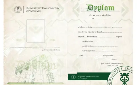 Dyplom ukończenia studiów Uniwersytetu Ekonomicznego w Poznaniu, z danymi absolwenta i podpisami.