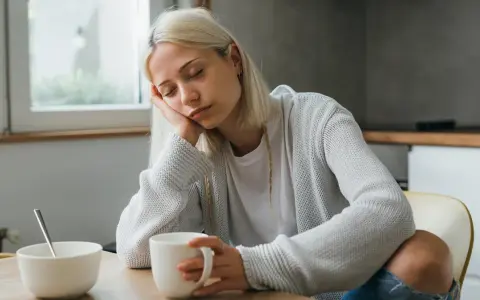 Zmęczona kobieta z blond włosami opiera głowę na dłoni, trzymając kubek. Może to być jeden z objawów keto grypy.
