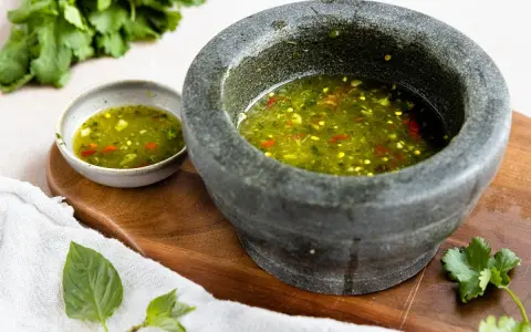 Frisch zubereitetes Nuoc Cham in einem Mörser und einer kleinen Schale, garniert mit Koriander und Basilikum.