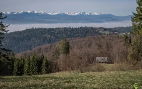 Widok na góry z mgłą w dolinie, lasy i drewniana wiata. To może być najładniejsza trasa na Turbacz.