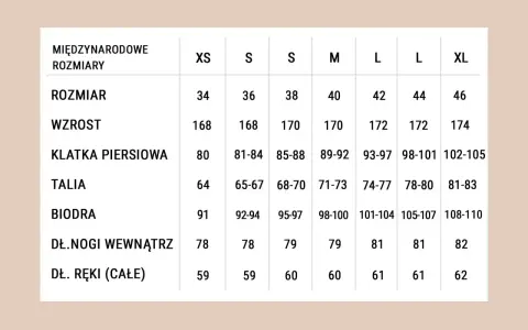Tabela rozmiarów od XS do XL. Rozmiar 44/46 jaki to rozmiar? To L/XL, odpowiednie dla wzrostu 172 cm i obwodu bioder 105-107 cm.