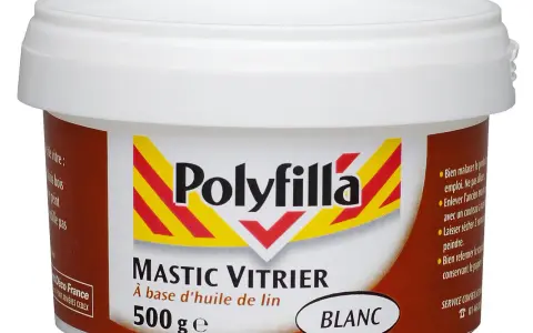Pot de mastic vitrier Polyfilla blanc 500g, idéal pour accélérer le séchage de vos travaux de vitrerie.