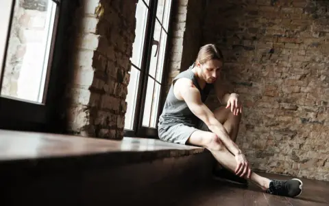 Mężczyzna w sportowym stroju siedzi przy oknie, masując nogę. Czas zrostu więzozrostu, być może po kontuzji.