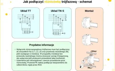 Schemat podłączenia różnicówki trójfazowej: układy TT i TN-S, montaż na szynie DIN. Informacje o podłączeniu faz, neutralnego i uziemienia.