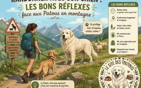 Une randonneuse et son chien croisent un Patou protégeant son troupeau de moutons en montagne. Conseils pour une cohabitation sereine.