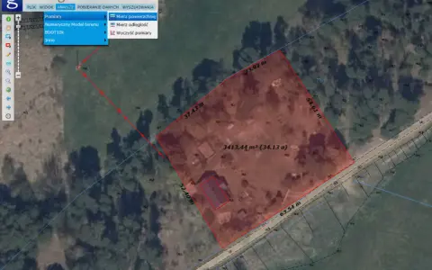 Geoportal: pomiar powierzchni działki 3413.44 m² (34.13 a) z zaznaczonymi bokami 23.92 m, 37.43 m, 52.40 m, 63.54 m.