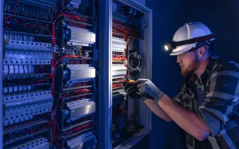 Mężczyzna w kasku z latarką pracuje przy panelu elektrycznym. To obraz z dziedziny elektrotechnika studia, gdzie przyszli inżynierowie zdobywają praktyczne umiejętności.