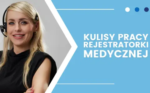 Uśmiechnięta rejestratorka medyczna w słuchawkach, gotowa do obsługi pacjentów. Poznaj zakres obowiązków rejestratorki medycznej.