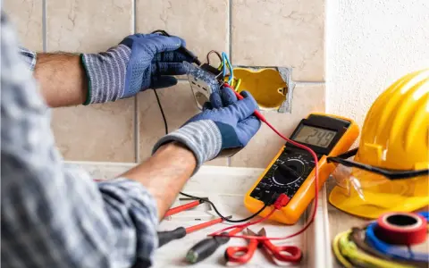 Un électricien vérifie un circuit électrique avec un multimètre. Des outils et un casque de sécurité sont visibles.