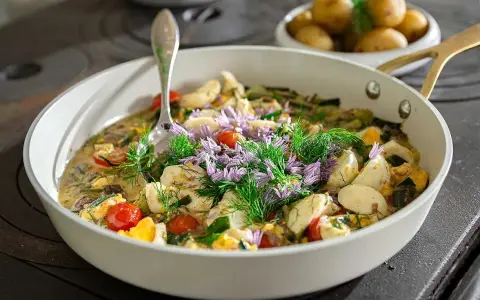 En härlig gryta med grönsaker, ägg och örter, perfekt för ett Ernst recept. Serveras med kokt potatis.