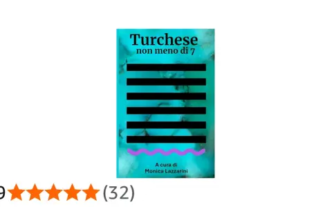 Copertina libro "Turchese non meno di 7", con sfondo turchese e righe nere. Valutazione 4,9 stelle.